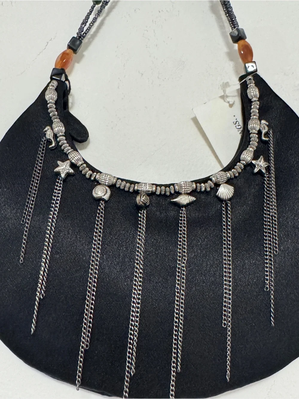 Y2K SAVANNA Small Black Beaded Shoulder Bag Boho Chain Tassel Purse